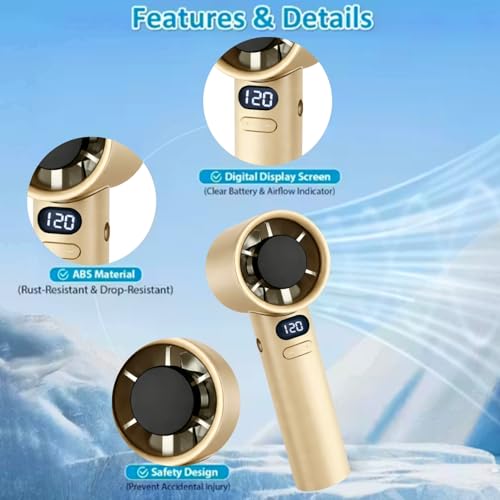 Image of One94Store Handheld Rechargeable Fan, Portable Mini Electric Fan with 1200mAh Battery, 120 Speed Levels with Long-Press Speed Control, Personal Fan for Travel, Office & Home, Blaze Gold