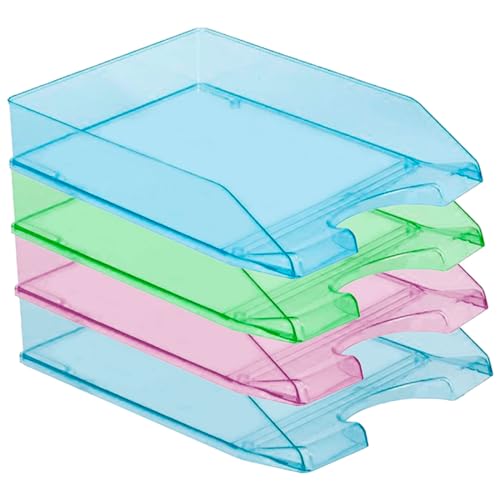 ACAN Tradineur - Pack de 4 bandejas de Oficina apilables, plástico Transparente, Organizador Documentos A4, revistas, folletos, Escritorio, Fabricado en España (Color Surtido - 35 x 26 x 6,5 cm)
