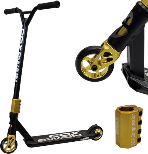 Cox Swain X-385 Stunt Scooter Kinder ab 10 Jahre – Stunt Roller mit SCS Compression, CNC-gefräster Alu Gabel aus einem Stück, ABEC 9 Alu Core Rollen & 360° Y-Lenker für Skatepark & Pipe