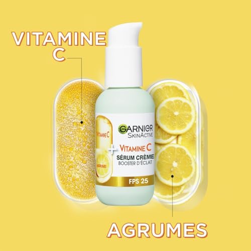 GARNIER Skin Active - Sérum Crème Booster D'Éclat 2-En-1 - Hydratation 72h & Éclat - FPS 25 - Vitamine C & Agrumes - Vegan & Cruelty Free - Peaux Ternes En Manque D'Éclat - 50 ml