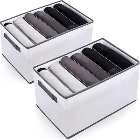 Mamowla 6 Compartments Wardrobe Clothes Organiser with Handle, Pack of 2, Closet Foldable Storage Box with 6 Divided Grids, Drawer Collapsible Organize for Denim, Jeans, Trousers, Sweatshirt, Hoodies Cover