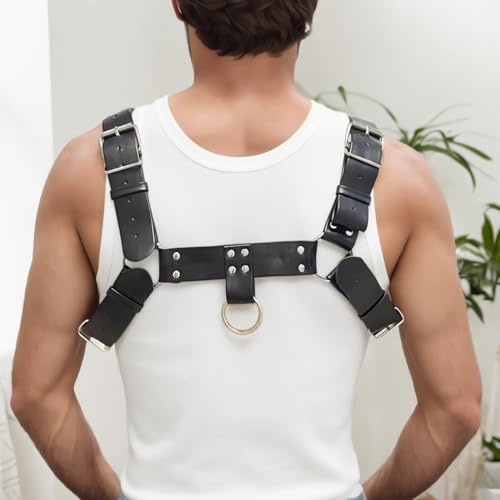 Men's Harness Belt Costume with Braces, Adjustable Body Chest Harness for Men, PU Leather Male Punk Harness Muscle Show Fashion Costumes for Cosplay Party2
