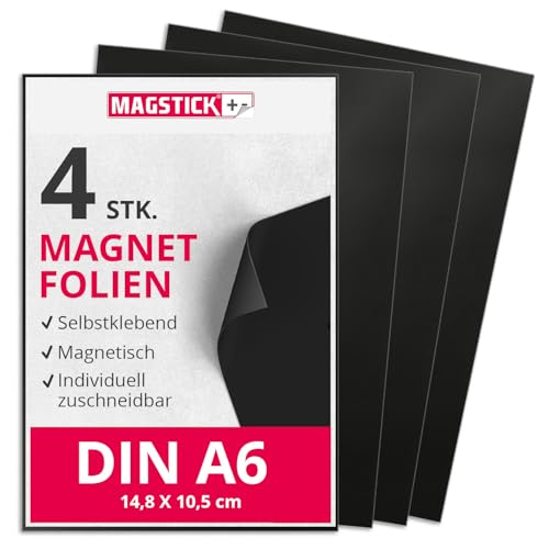 Magstick Magnet-Folie selbstklebend 4 Stück I DIN A6 I flexibel selbstklebend zuschneidbar magnetisch beklebbar I zum Basteln ordnen I Stanzen Aufbewahrung Magnetbogen Fotomagnet I mag064