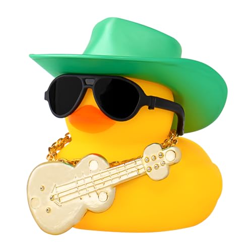 wonuu Car Dashboard Decor Guitar Rubber Duck, Car Ducks Ornaments with Mini Cowboy Hat Necklace Sunglasses, Green