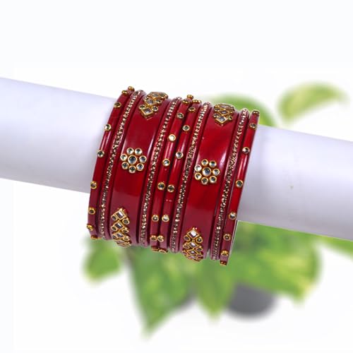 Image of Traditional Rajasthani Beautiful Lac Lakh Bangle Set For Women and Girls | Kundan Bangle Set For Bridel | Jaipuri Chudi Set | Green Sky Blue Maroon Pink Yellow | Kada Set of 10