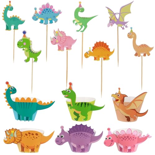 24 moules à muffins et 24 dinosaures pour décoration de gâteau d'anniversaire, pour enfants caissettes muffins papier cupcake moule