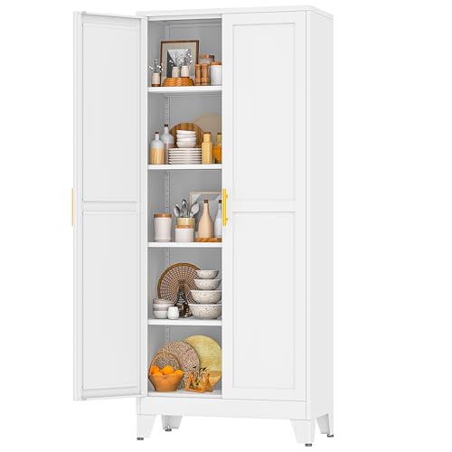 Image of White Pantry Storage Cabinet,71 inch Kitchen Pantry with Doors and 4 Adjustable Shelves, Metal Storage Cabinet, for Office, Home, Garage, School