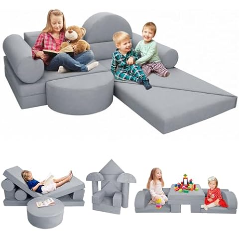DREAMANIA Modular Play Couch for Kids Toddler Teens, Premium Kids Sofa for Boys Girls, Ideal DIY Gift for Creativing Playroom Couch for Playroom Bedroom Nursery, Grey Cover