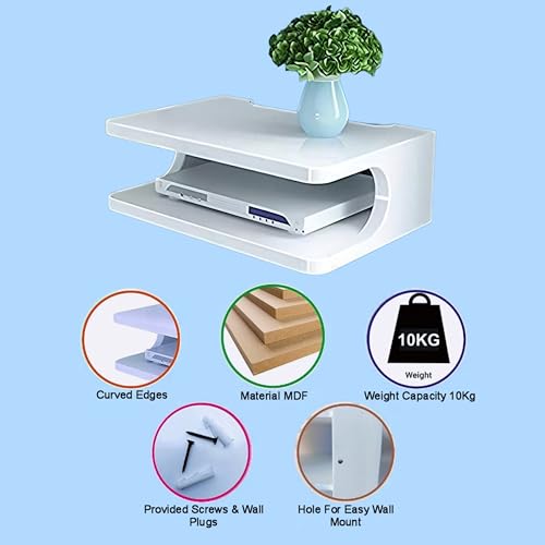 Image of Dime Store Setup Box Stand /Set Top Box Stand Wall Mount for Home Wall Shelf for Holding Speakers WiFi Router Game Console Remote Streaming Device (Standard, White)(Engineered Wood)