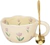 Cute Coffee Mug, Ceramic Tea Mugs, Handmade Irregular Coffee Cup, Purple Tulip Flower Mug with Spoon, Aesthetic Mugs for Milk Cocoa, Mother’s Day Gift for Mom Women Christmas 250ml (Purple)