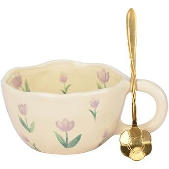 Ceramic Tea Cup Gifts for Women Kawaii Coffee Cup Handmade Creative Flower Cup with Spoon Aesthetic Cups for Milk 250 ml Cappuccino Cups Christmas Gift Purple