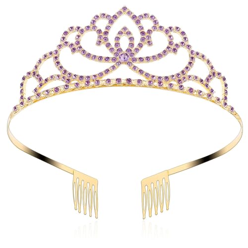 Tiara dorada de cristal morado que no se cae durante el baile de bodas