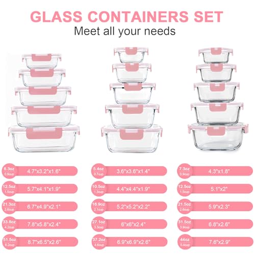 KOMUEE 30 Pieces Glass Food Storage Containers Set, Meal Prep Containers Set with Snap Locking Lids, Airtight Glass lunch Containers, Microwave, Oven, Freezer & Dishwasher,Pink