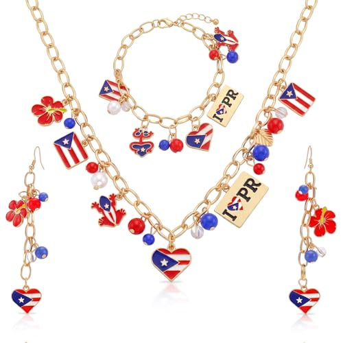 Unittype Puerto Rico Jewelry Set Exquisite Puerto Rico Necklace Bracelet Earrings Flag Coqui Frog Hibiscus Jewelry for Women Souvenirs Gift for Birthday Party Celebration