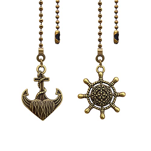 Image of Nautical Ceiling Fan Pull Chain Rudder & Anchor, 2Pcs 12in Bronze Decorative Light & Fan Pendant String Extension, 3mm Beaded Pull Charm Ornament with Connector