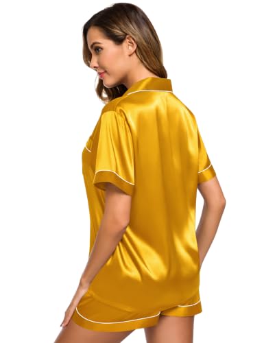 Image of SWOMOG Womens Silk Satin Pajamas Set Short Sleeve Sleepwear Button Down Top and Shorts Loungewear 2 Piece Pjs Set XS-3XL