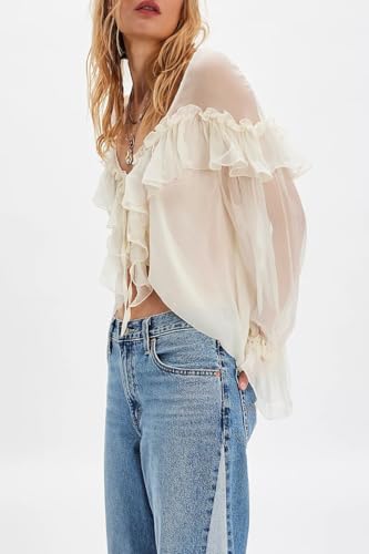 Women's Flowy Bow Front Tie Top Long Sleeve Peplum Lace Trim Chiffon Shirt Sheer V Neck Boho Ruffle Beach Blouse3