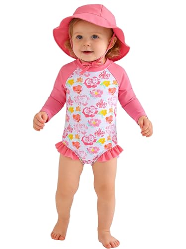 Image of WOLBAY Baby Girl Swimsuit Long Sleeve One Piece Rash Guard with Sun Hat Zipper Bathing Suit Size 0-2T