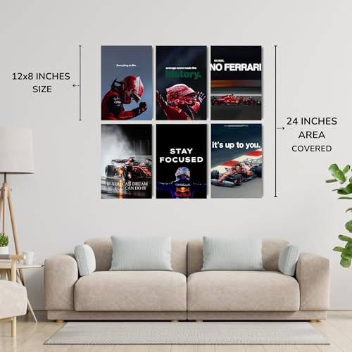 Image of Posters Inc Sports F1 Cars Motivational Posters for Wall A4 Size Aesthetic Setup 300 GSM Matte Paper Pack of 6 Automotive Motorsport Decor for Boys Gaming Room, Bedroom, Home & Office with Adhesive