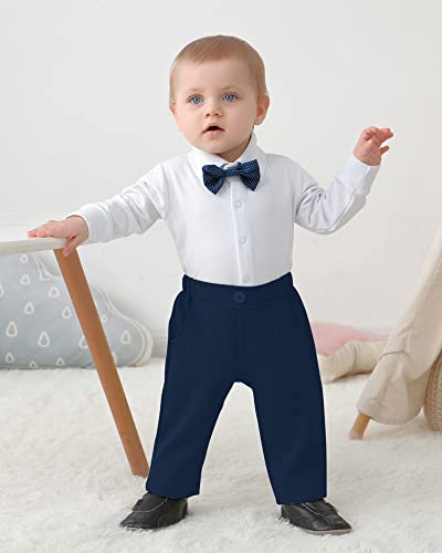 Disaur Baby Boy Clothes Toddler Boy Outfits, 4Pc Gentleman Dress Romper + Vest + Pants + Bow Tie Cotton Suit Set (Navy Blue,6-9 Months) #TOP2