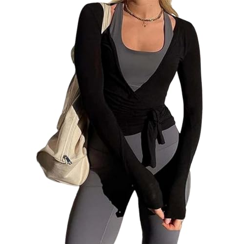 Ballet Wrap Top for Women Pilates Yoga Workout Slim Fit Front Cross Tie Shirts Long Sleeve Shrug Cover Up Dance Top