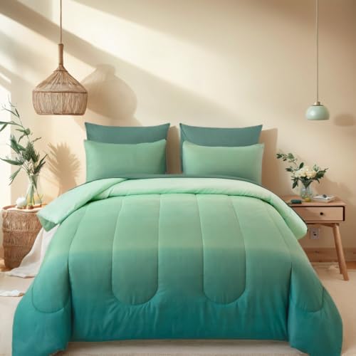 King Size Comforter Set - 7 Pieces Soft Sage Green Bed in a Bag with Fitted Sheet, Flat Sheet, 2 Pillow Shams, and 2 Pillowcases - Warm Bed Set for All Season