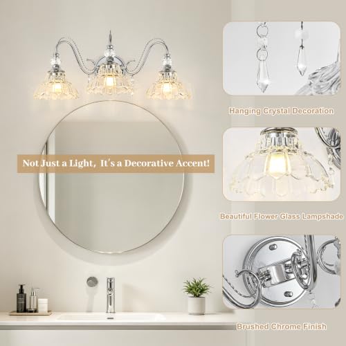 Image of Brushed Chrome Bathroom Vanity Light, 3-Light Chrome Finish Wall Sconce with Hanging Crystal Accents and Flower-Shaped Clear Glass Shades, Modern Wall Mount Vanity Light Over Mirror for Bathroom