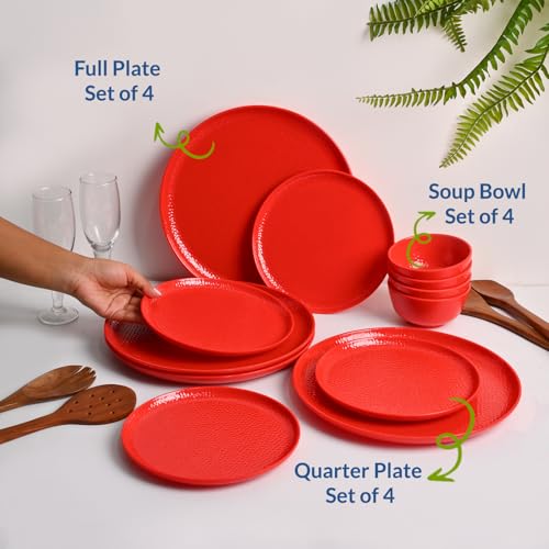 Image of MARKET 99 Heavy-Duty Red Hammered Melamine Dinner Set 12 Pieces | 4 Dinner Plates 4 Side Plates 4 Soup Bowls | Glossy Finish Durable Tableware for Daily Dining Home Kitchen