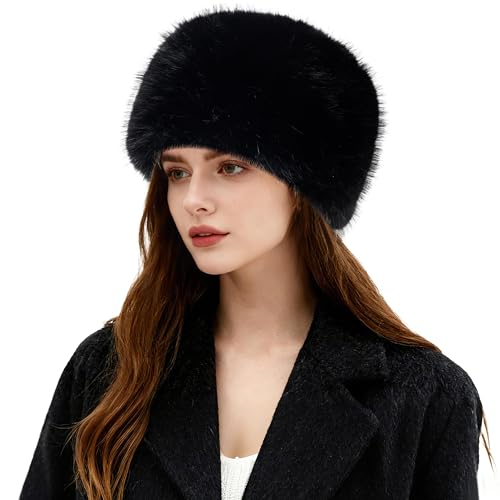 HH HOFNEN Womens Faux Fur Hat Winter Russian Hat Warm Plush Fluffy Furry Bucket Hat Ear Warmers Black