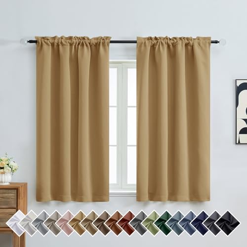 Image of Gold Short Blackout Curtains for Bedroom 54 Inches Long 2 Panels, Modern Window Treatment Solid Thermal Insulated Curtains for Living Room, Dual Rod Pocket Blackout Drapes, 2x40Wx54L Inches