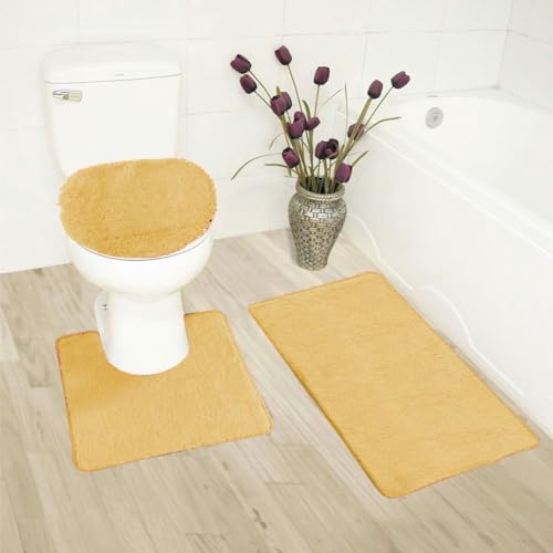 3 Piece Basic Polyester Ultra Plush Rugs Set with Toilet Lid Cover Bathroom Set #6 (Gold)