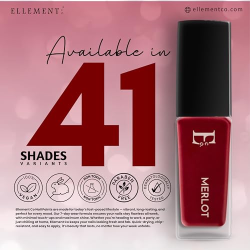 Image of Ellement Co Merlot Nail Polish 10ml | Deep Wine Red Nail Colour | Glossy Finish | Rich Pigmentation | Quick Drying | Long Lasting | Chip Resistant | Vegan Nail Lacquer Nail Paint for Women & Girls