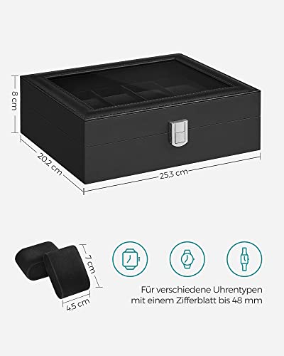 SONGMICS Horlogebox voor 10 horloges, horlogekast met glazen deksel, horlogekoffer, horlogekussen uitneembaar, fluwelen voering, metalen sluiting, cadeau-idee, PU-overtrek in zwart, binnenvoering in zwart JWB010B02 - Image 7
