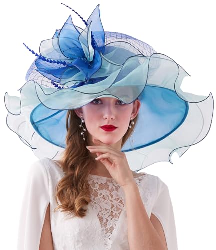 ORIDOOR Women Organza Fascinator Church Kentucky Derby Hat Floral Tea Party Wedding Hat 003b Blue One Size
