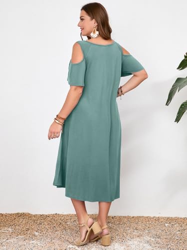 Image of LARACE Plus Size Women Dress for Summer, Midi Women's Sundress, Casual V-Neck Short Sleeve Flowy T-Shirt Dresses with Pockets