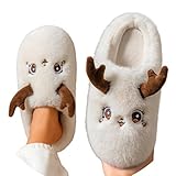 Weihnachtsschuhe Damen. Unisex-Winterhausschuhe mit Strapazierfähiger Sohle für Optimalen Komfort und Wohlige Wärme In Innenräumen, Weiches Fleece-Fußmaterial (Beige, Größe 7-8)