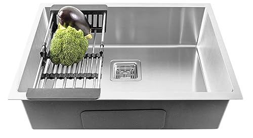 Image of Fossa 27 inchx20 inchx10 inch Premium Stainless Steel Handmade Single Bowl Kitchen Sink | Sink with Waste Coupling and PVC Waste Pipe in Silver (Matte Finish)