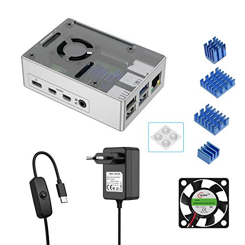 BERLS Caja para Raspberry Pi 4, Interruptor de On/Off de 5.1V 3A USB-C Cargador, Ventilador, 4 Disipadores de Calor, Solo es Compatible con Raspberry Pi 4 (Plata, Aluminio)u0085
