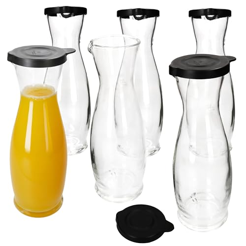 MamboCat Mia Misura Lot de 6 carafes à vin avec couvercle en plastique noir I 1 l Calibré I Carafe en verre avec bec verseur et anse pour vin, eau, jus,...