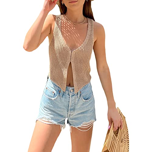 Women Crochet Knit Vest Top Sleeveless Button Down V Neck Casual Solid Vintage Summer Going Out Crop Tops Streetwear4