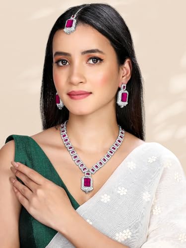 Image of Peora Silver Plated Crystal & Cubic Zirconia Studded Necklace Earrings Maangtikka Set Fashion Jewellery Gift for Women & Girls