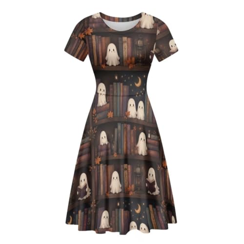 Image of POLERO Women Puffy Swing Elegant Party Midi Dresses Short Sleeve Round Neck A-Line Dress