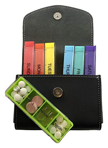 Small Pill Organizer Box Weekly Travel Case –7 Days Medicine Reminder Container Dispenser Medication Holder 4 Times a Day Compartments by ZzTeck (Black)