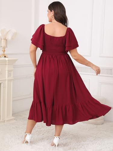 Image of SCOMCHIC Womens Plus Size Wedding Guest Cocktail Dresses Sweetheart Neckline Short Sleeve Smocked Ruffle Slit Maxi Dress