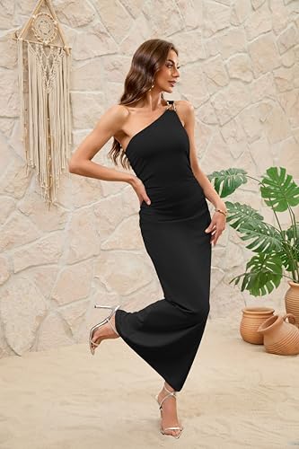 Women's Summer One Shoulder Maxi Dresses Sleeveless Bodycon Metal Decor Formal Wedding Guest Cocktail Dress Black,Medium4