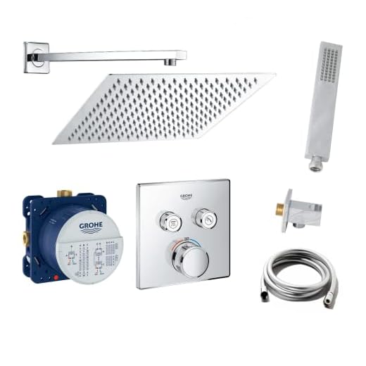 vanvilla Duschsystem mit Unterputz Duscharmatur von GROHE Smartcontrol Thermostat und vanvilla Regendusche mit Armatur mit Thermostat, Duschkopf eckig, Dusch-Set G02 poliert