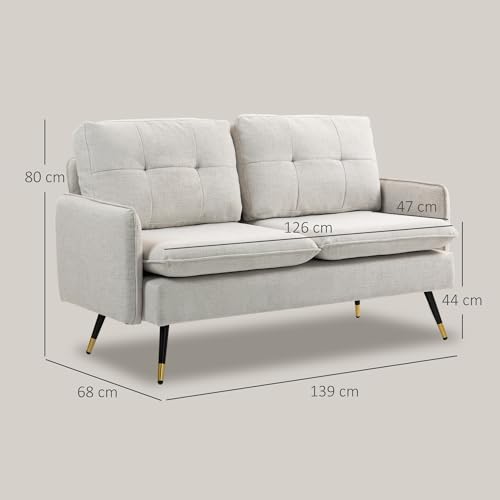 Miniatura 3 de Homcom Sofá De 2 Plazas Tapizado En Lino Sofá De Salón 139 Cm Con Cojines Reposabrazos Y Patas De Acero Para Dormitorio Oficina Carga 240 Kg Crema