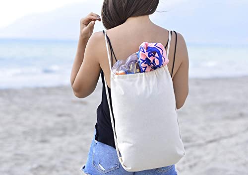 (12 Pack) Set Of 12 Durable Cotton Canvas Drawstring Backpack Bags 14"W X 16"H (Natural) #TOP6