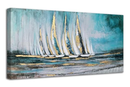 Anolyfi Sailboat Wall Art Canvas Teal Abstract Painting Textured Picture Artwork, Vintage Nautical Painting, Coastal Modern Print 58"x29" Frame for Living Room Bedroom Bathroom Office Home Decoration