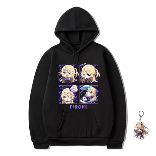 Anime Hoodie Women Sweatshirt Sweater Men Unisex Anime Hoodie Furina Scaramouche Hu Tao, Free Keychain (Black-Fischl-1,2XS,XX-Small)